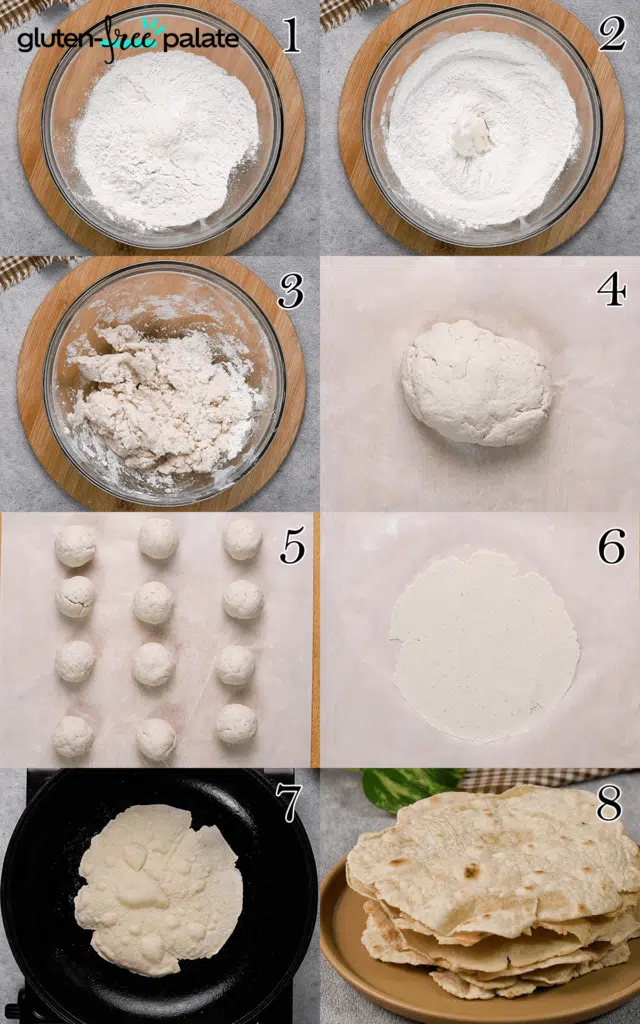 a collage of eight photos showing how to make gluten-free tortilla recipe.