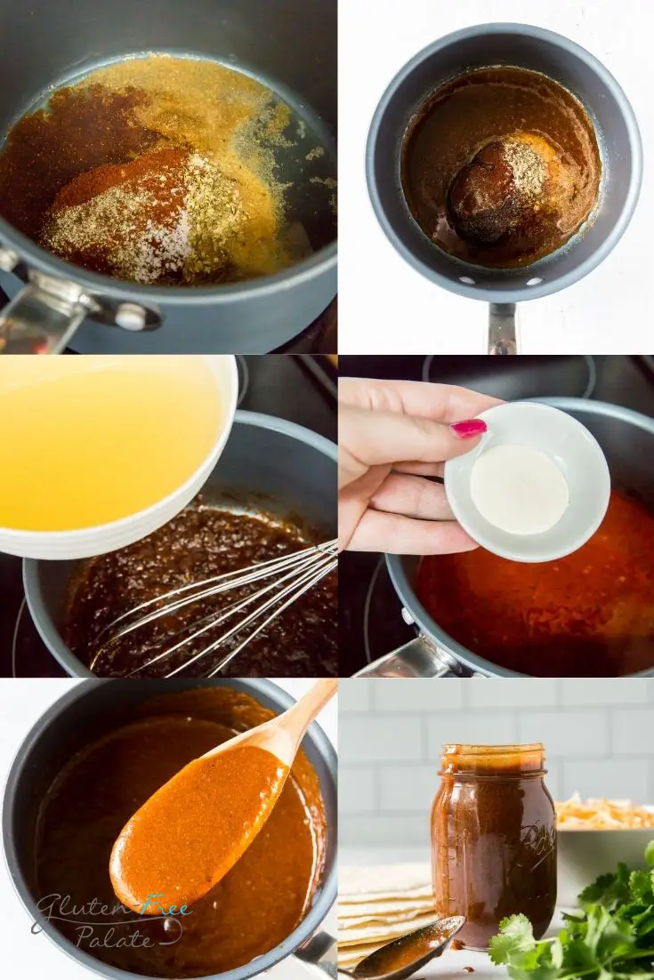 a collage of six photos showing the steps to make gluten-free enchilada sauce