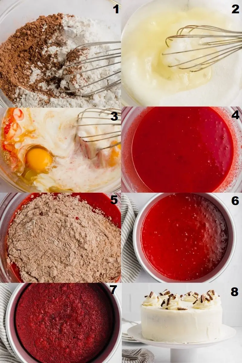 a collage of eight photos showing how to make gluten-free red velvet cake
