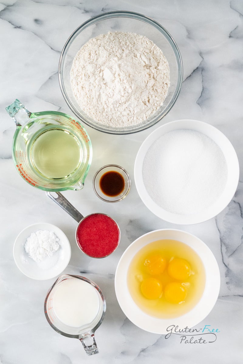 top down view of ingredients in gluten-free strawberry cake