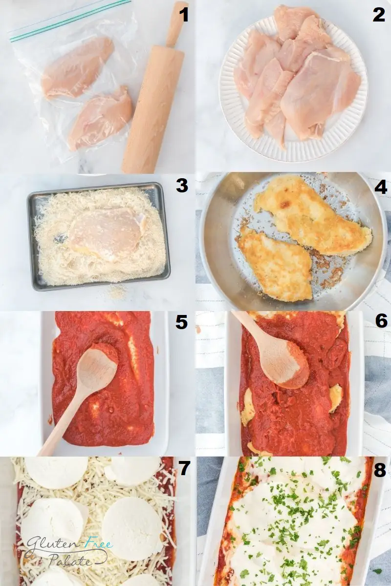 photo collage of eight steps needed to make chicken parmesan