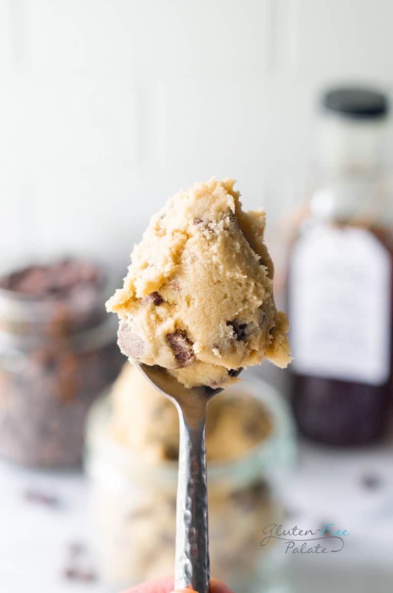 a spoon with gluten free cookie dough