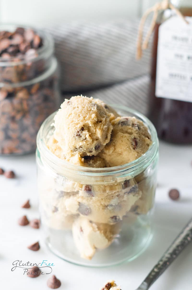 size view of gluten free cookie dough in a jar
