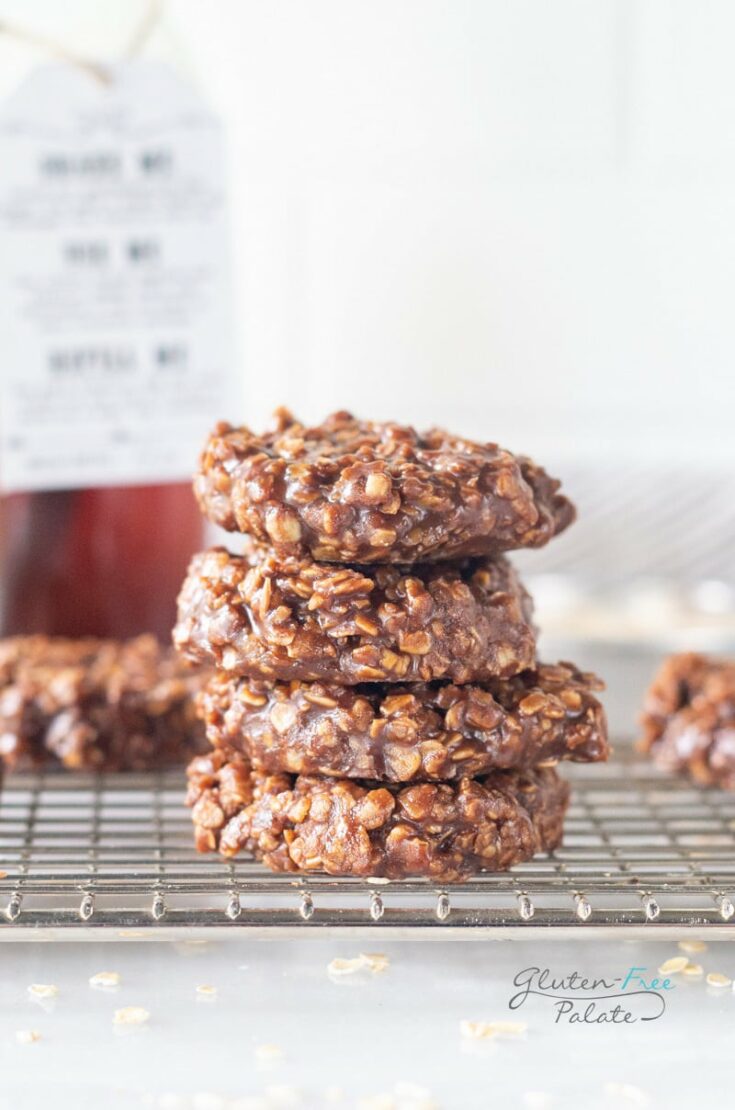 gluten free no bake cookies stacked on a wire rack