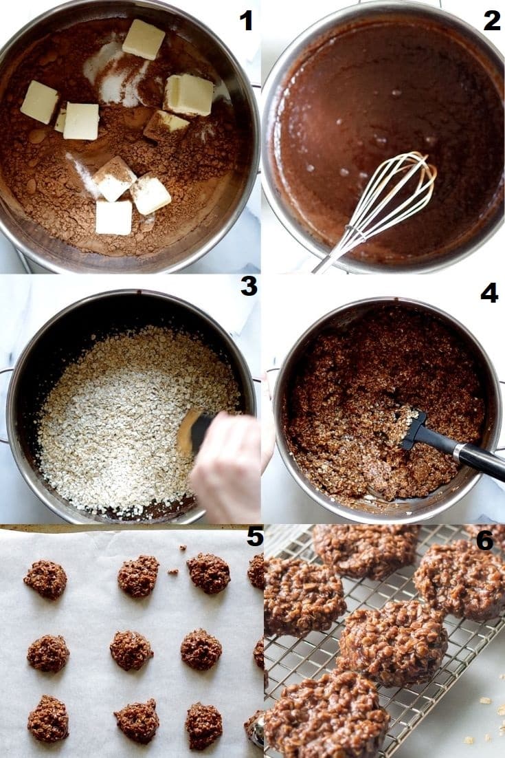 a collage of six photos showing how to make gluten free no bake cookies