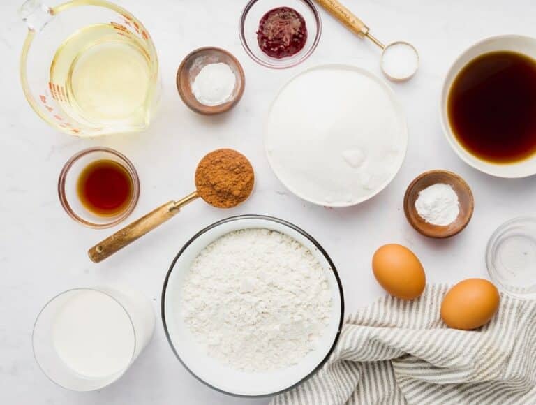 Here are the gluten-free ingredients used in my famous red velvet cake recipe.