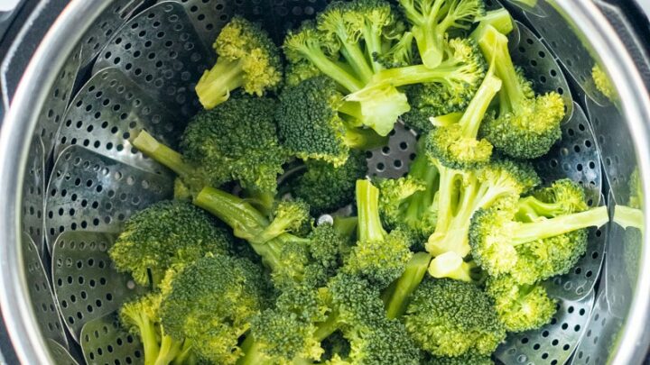 top down view of instant pot broccoli in an instant pot