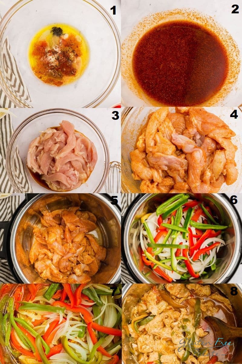 photo collage of 8 steps to make chicken fajitas