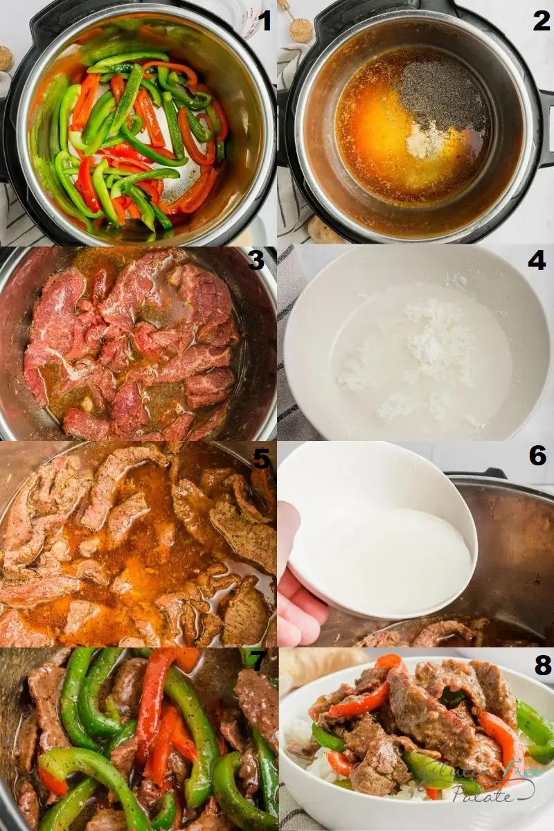 photo collage of 8 steps to make pepper steak in an instant pot
