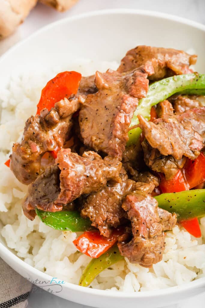 Here's a closeup view of my Instant Pot sliced steak and peppers with rice. Recipe and photos by Gluten-Free Palate.