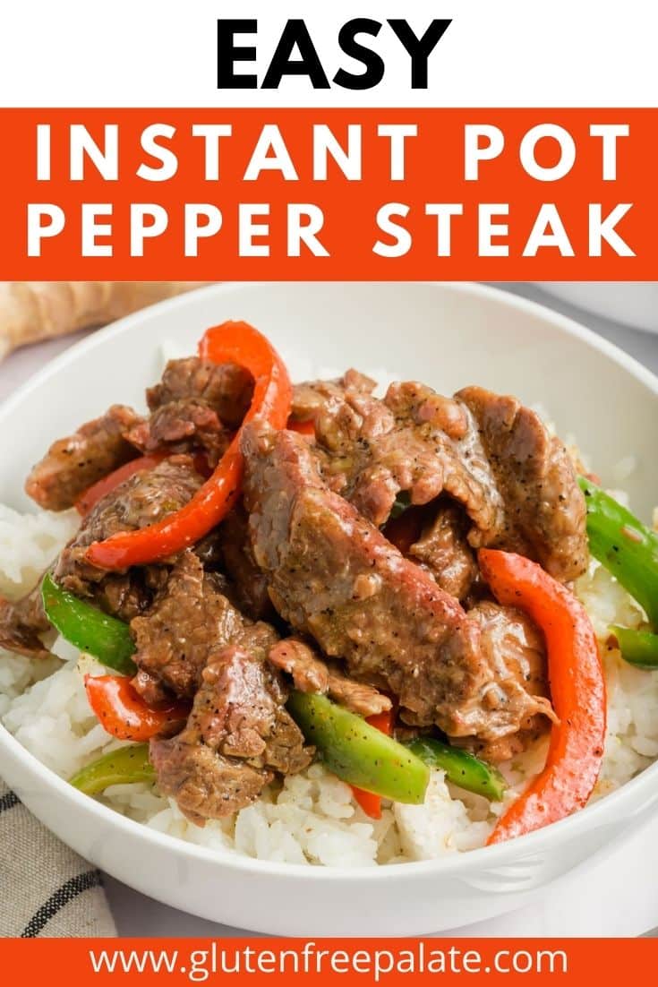 pinterest pin showing sliced steak and peppers in a bowl of rice.