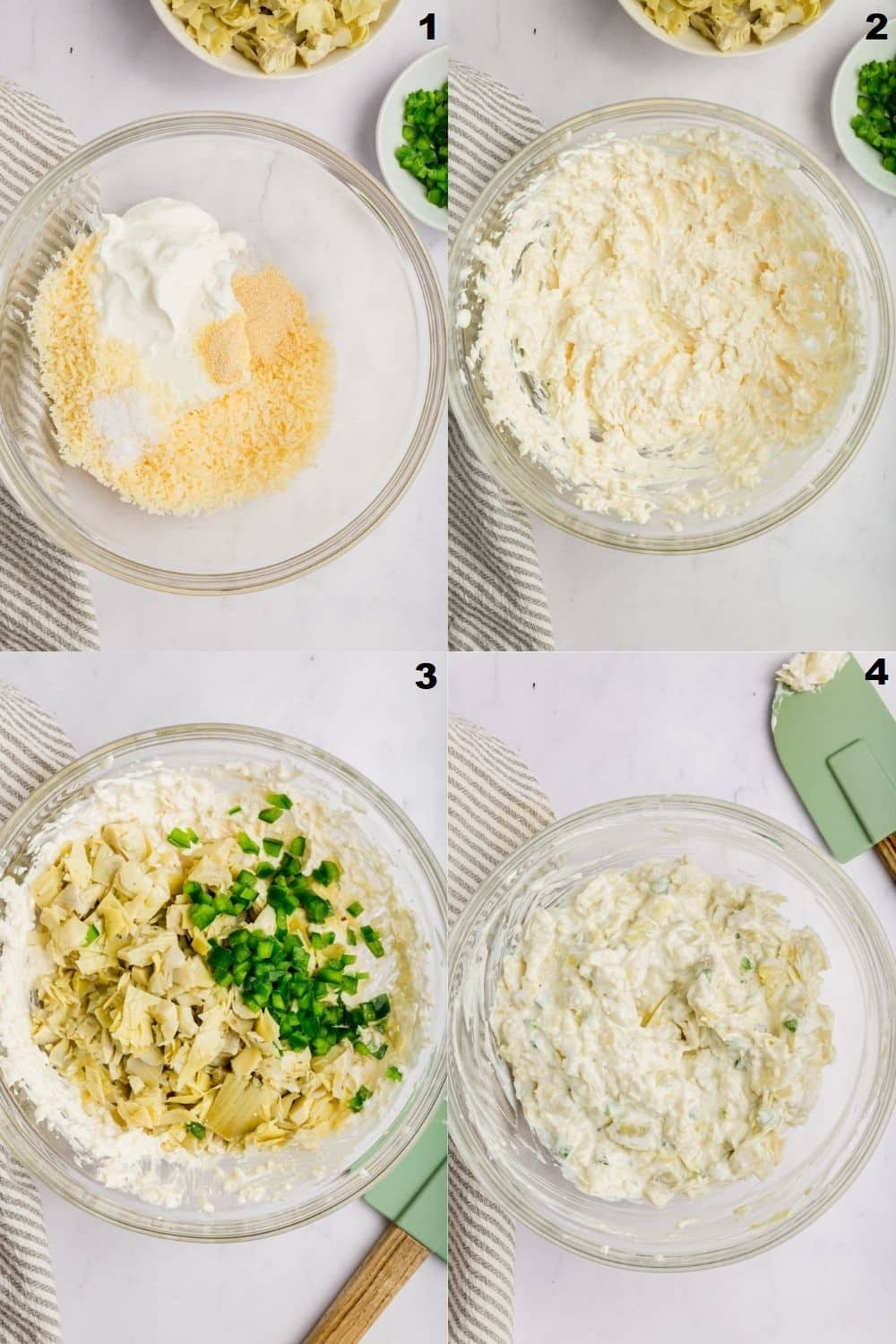 photo collage of four steps to make jalapeno artichoke dip