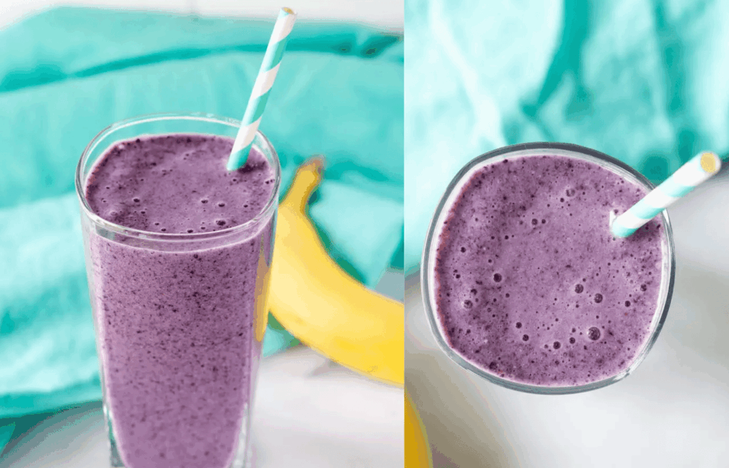 The berry banana chia seed smoothie recipe shown from two different angles.