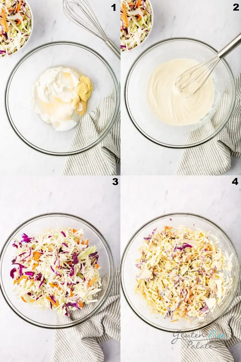 photo collage of four images showing the steps to make coleslaw.