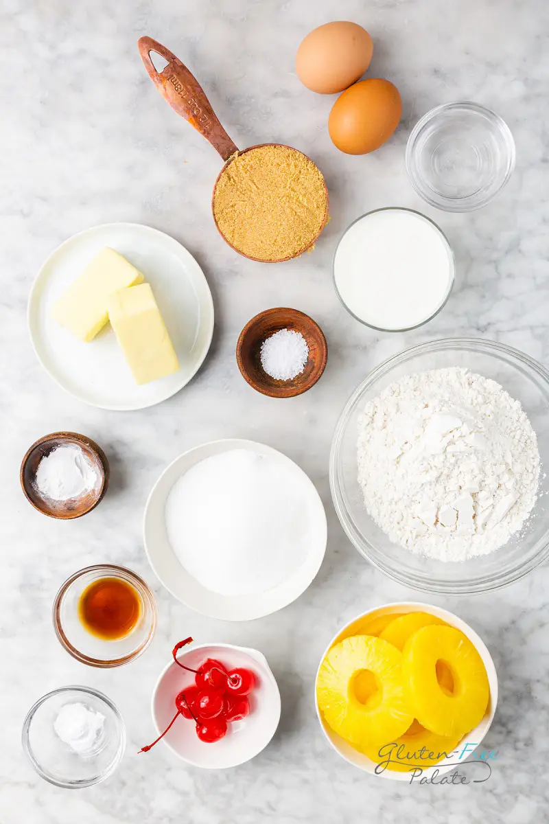 top down view of ingredients needed to make gluten-free pineapple upside down cake