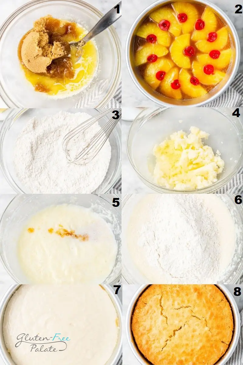 photo collage showing eight steps needed to make pineapple upside down cake.