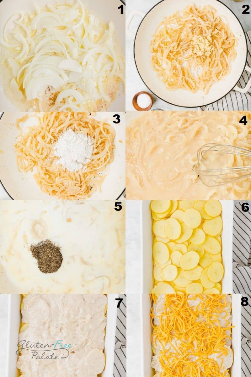 photo collage of eight images showing the steps to make gluten free scalloped potatoes.