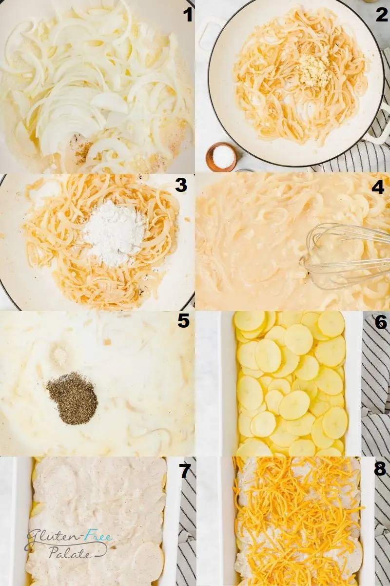 photo collage of eight images showing the steps to make gluten-free scalloped potatoes.