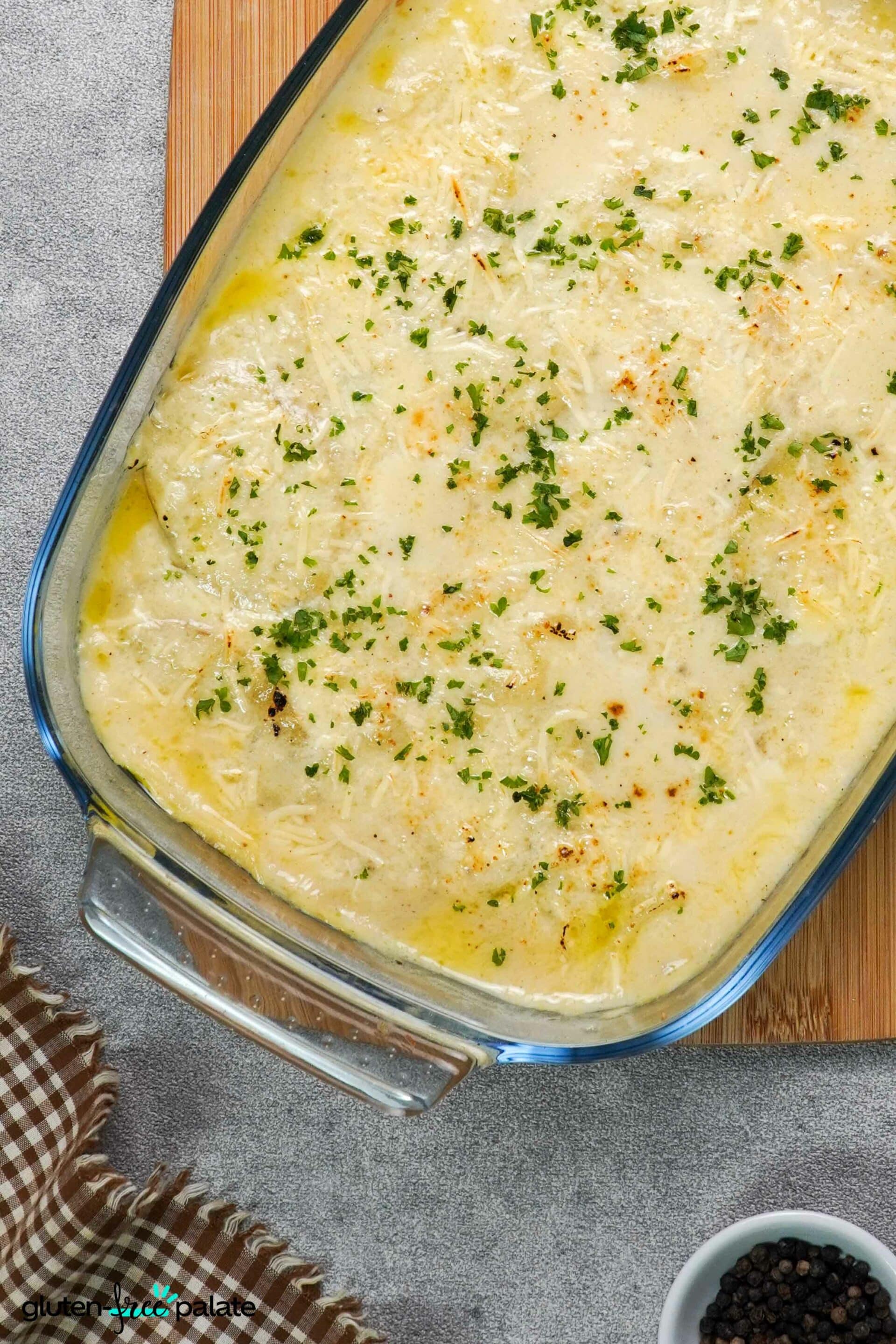 Gluten-Free Scalloped Potatoes in a casserole dish.