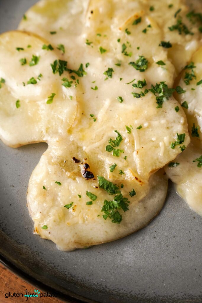 Gluten-Free Scalloped Potatoes on a grey plate.
