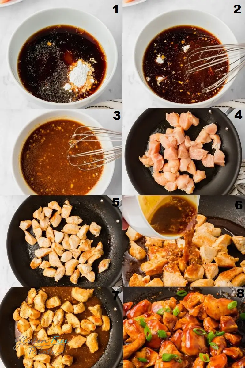 photo collage showing 8 steps needed to make teriyaki chicken