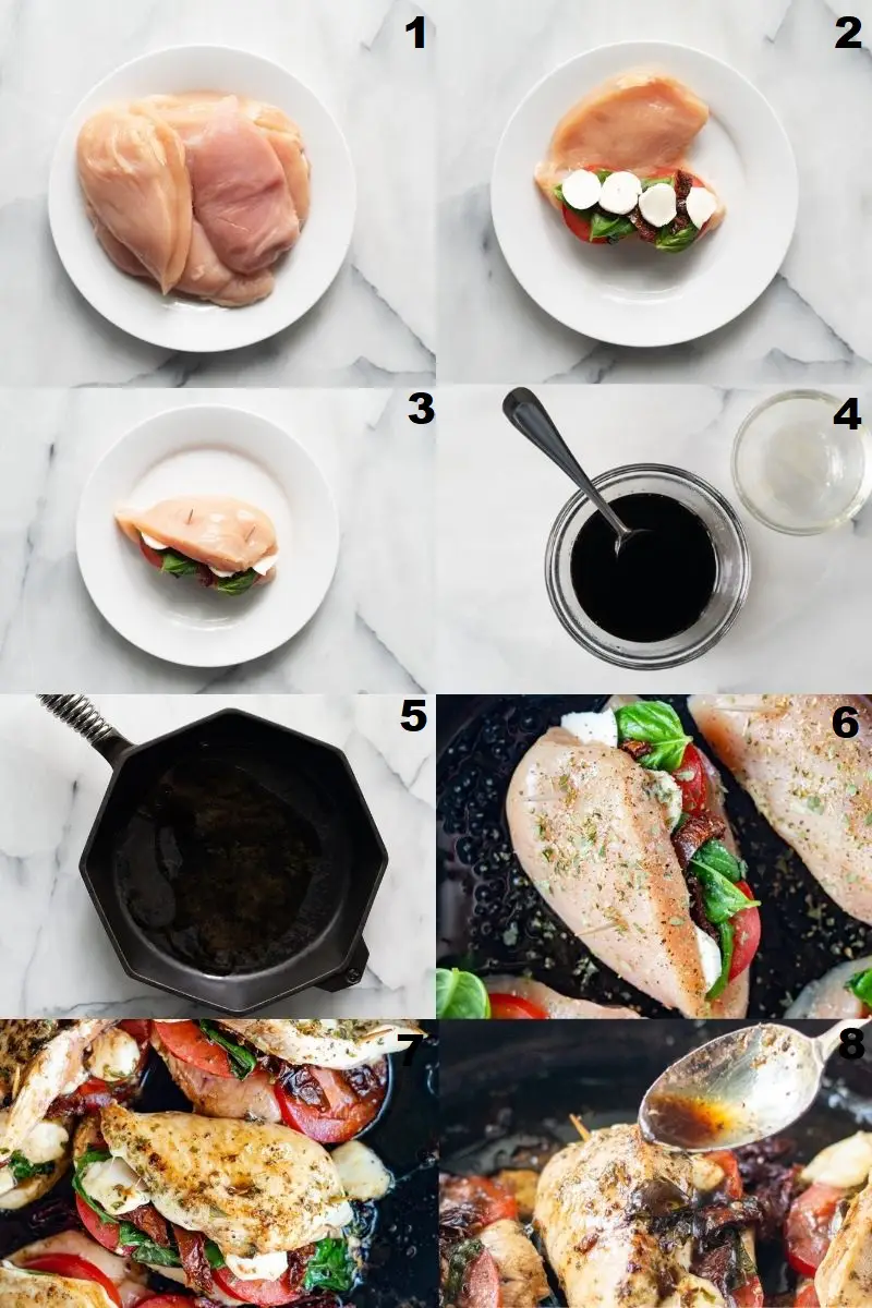 Photo collage showing 8 steps needed to make caprese stuffed balsamic chicken