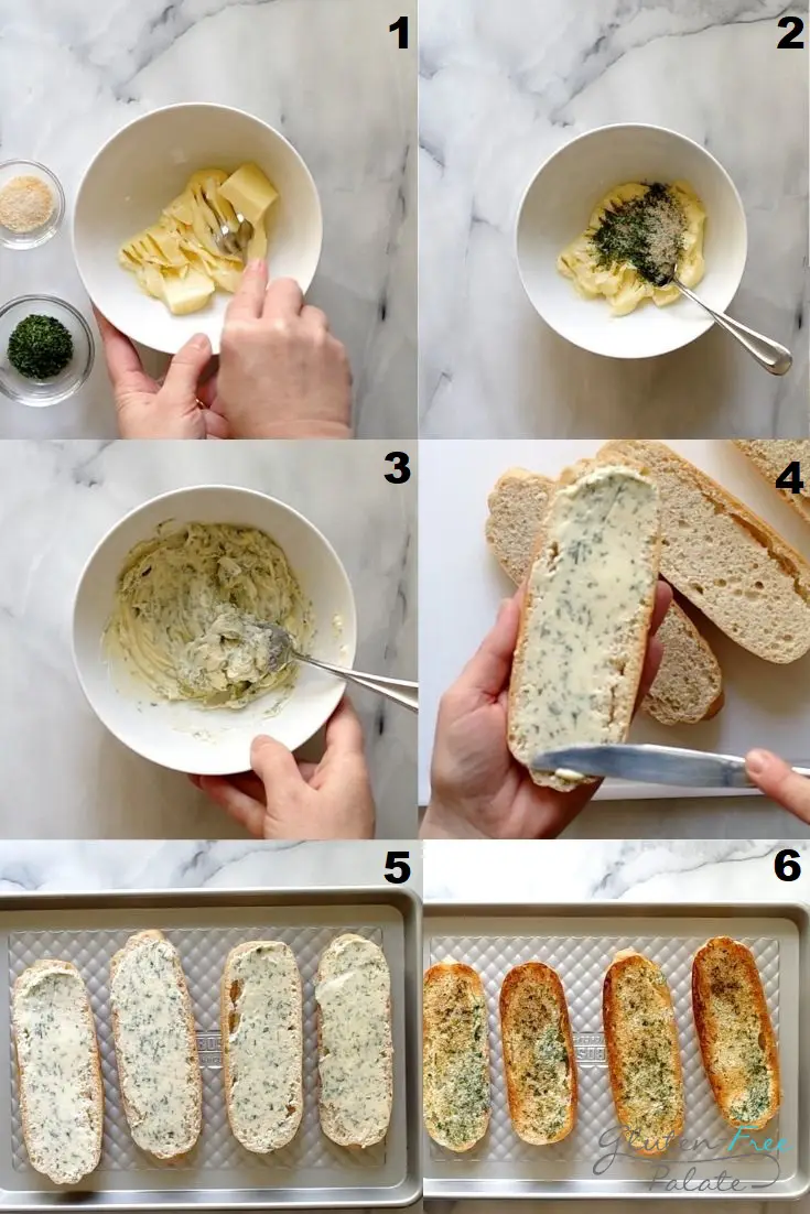 Photo collage showing 6 steps needed to make gluten-free garlic bread
