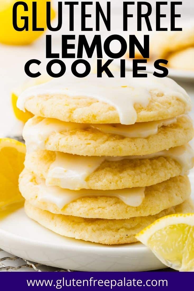 a stack of five glazed lemon cookies stacked on a white plate. A lemon wedge is in front of the plate, and another lemon wedge is behind the stack of cookies. Text overlay states, Gluten Free Lemon Cookies