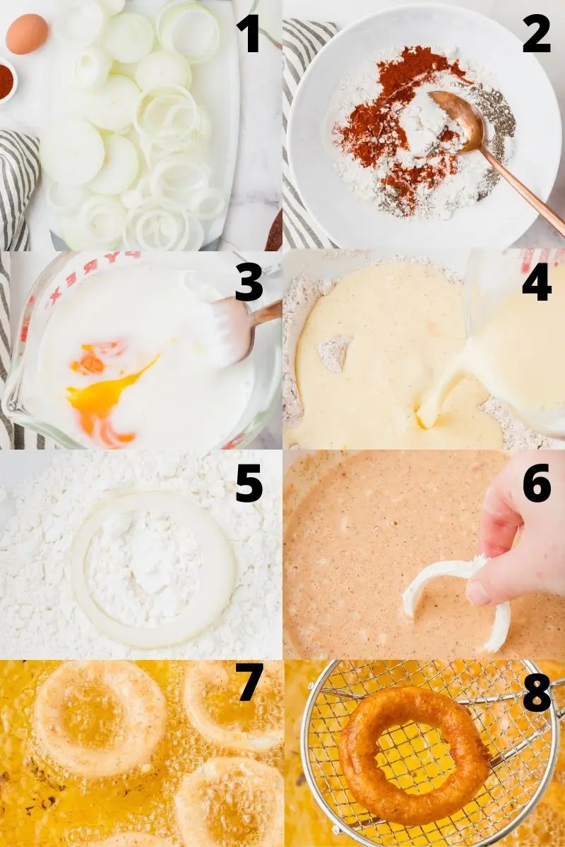 photo collage showing 8 steps needed to make gluten free onion rings