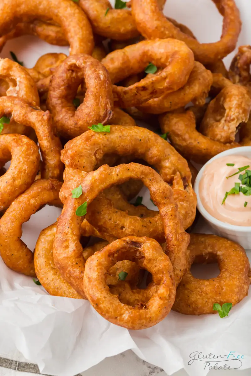 closeup view of a plate of onion rings on top of parchment paper.