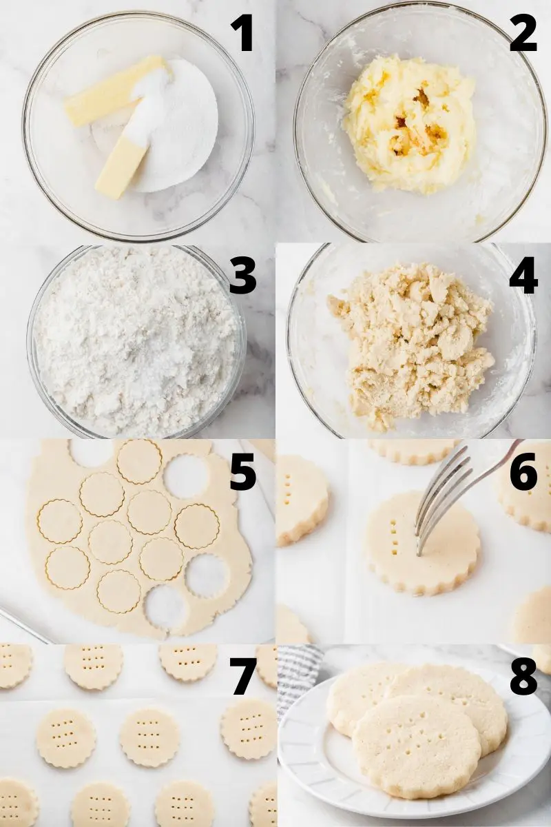 A photo collage showing 8 steps needed to make gluten-free shortbread cookies.
