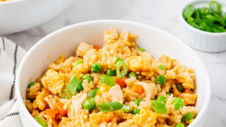 a white bowl of chicken fried rice on a marble counter next to a fork and an instant pot
