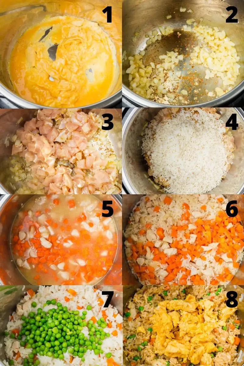 photo collage showing 8 steps needed to make chicken fried rice in an instant pot