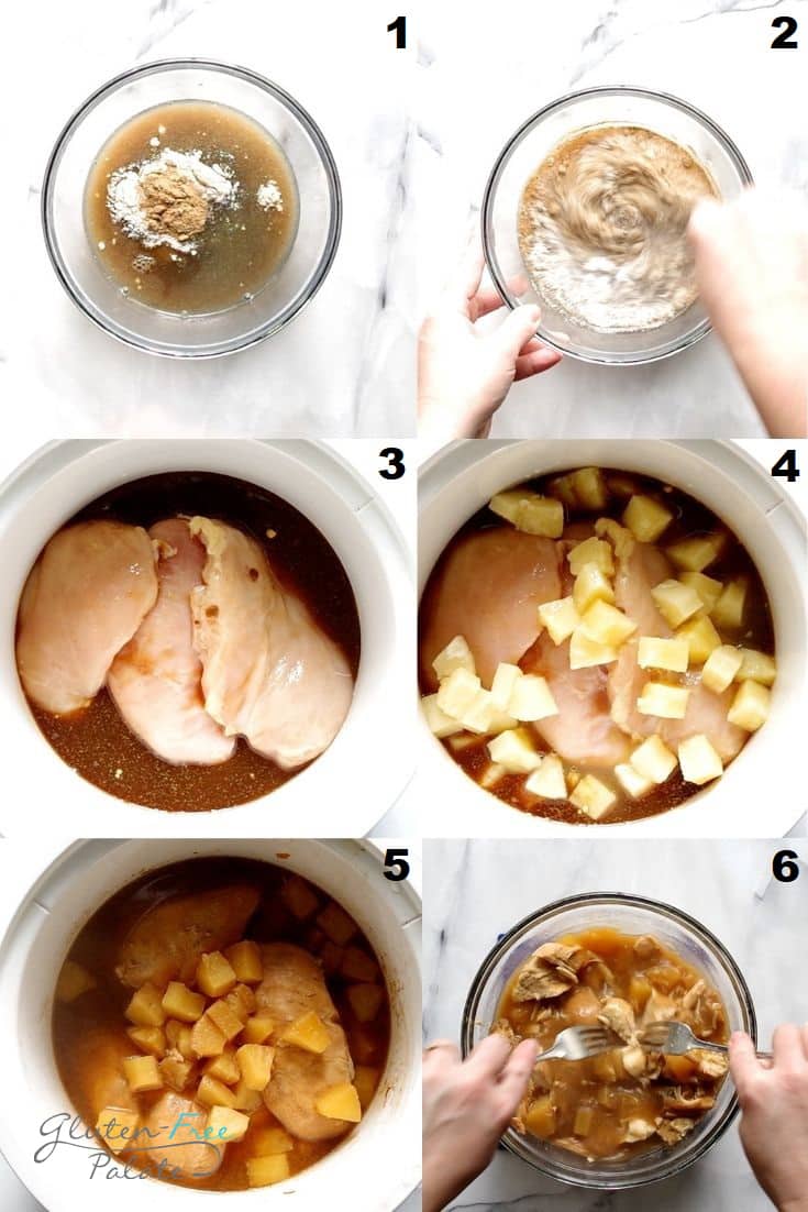 photo collage of six steps needed to make hawaiian crockpot chicken