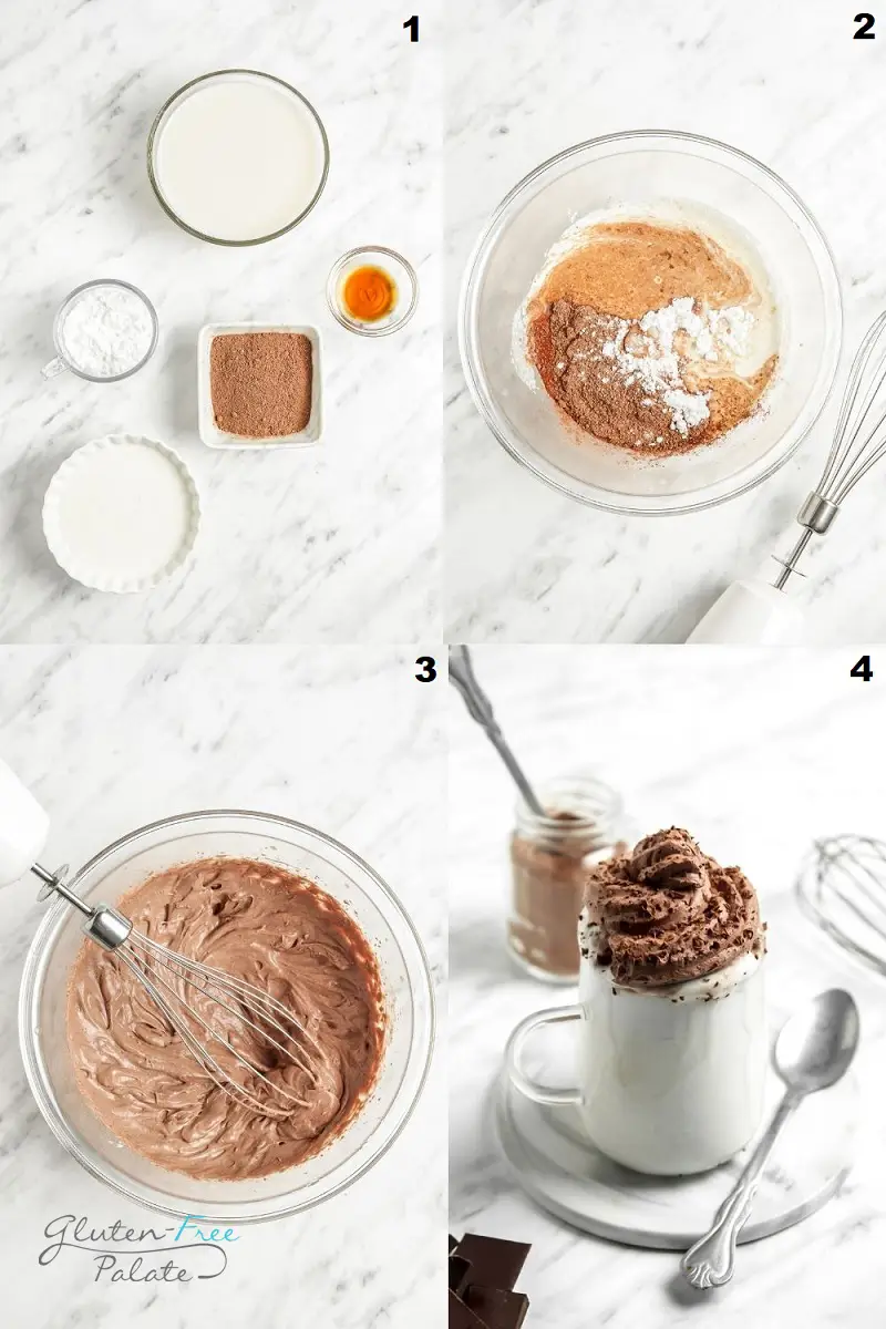 photo collage showing 4 steps needed to make whipped hot chocolate