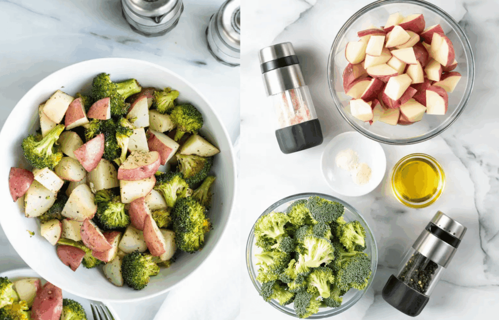 Roasted broccoli and potatoes, a naturally gluten-free high-fiber side dish