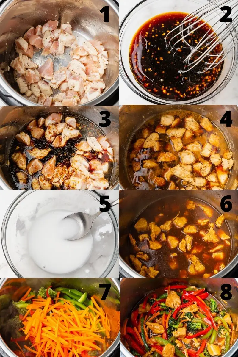 photo collage showing 8 steps needed to make instant pot chicken stir fry