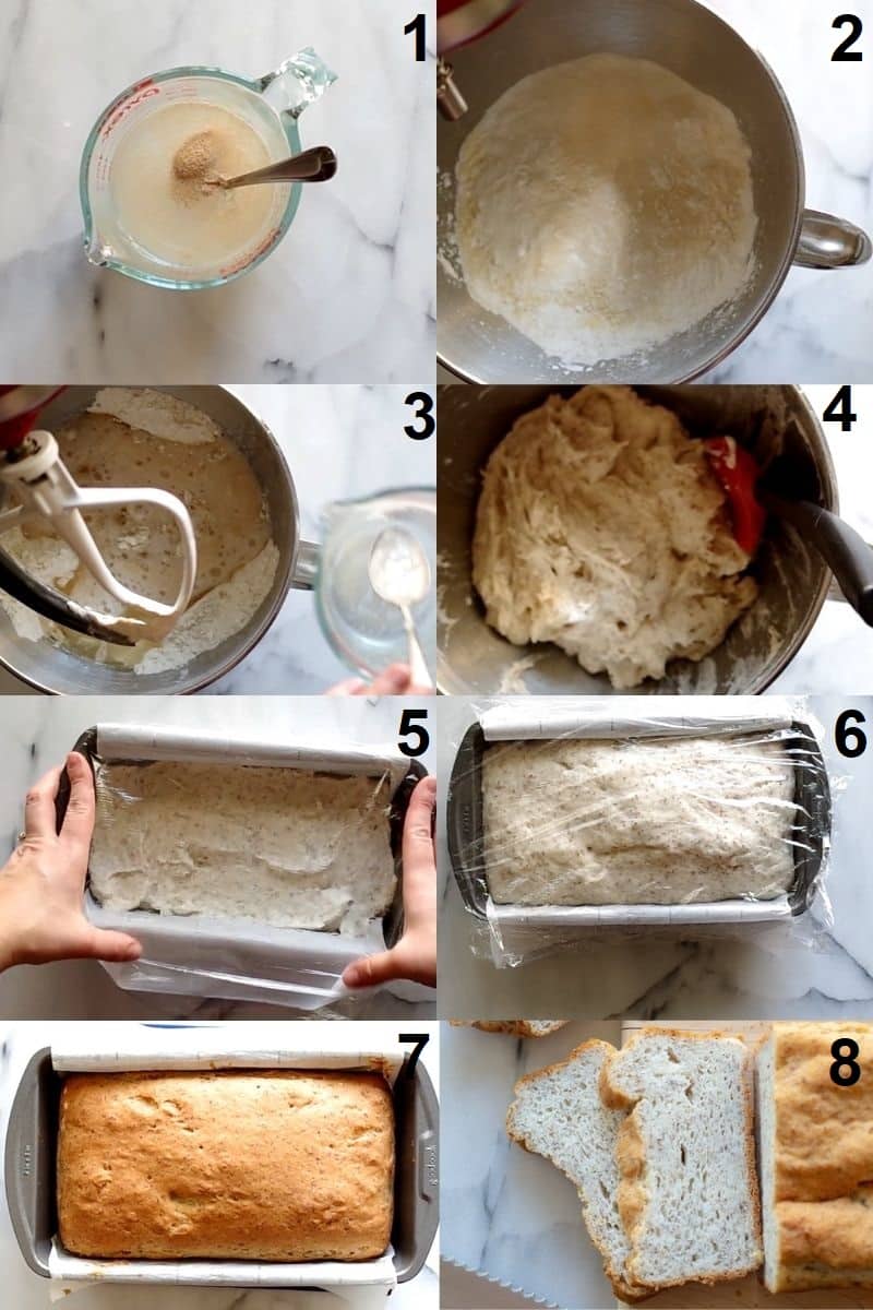 a collage of eight photos showing how to make gluten free bread