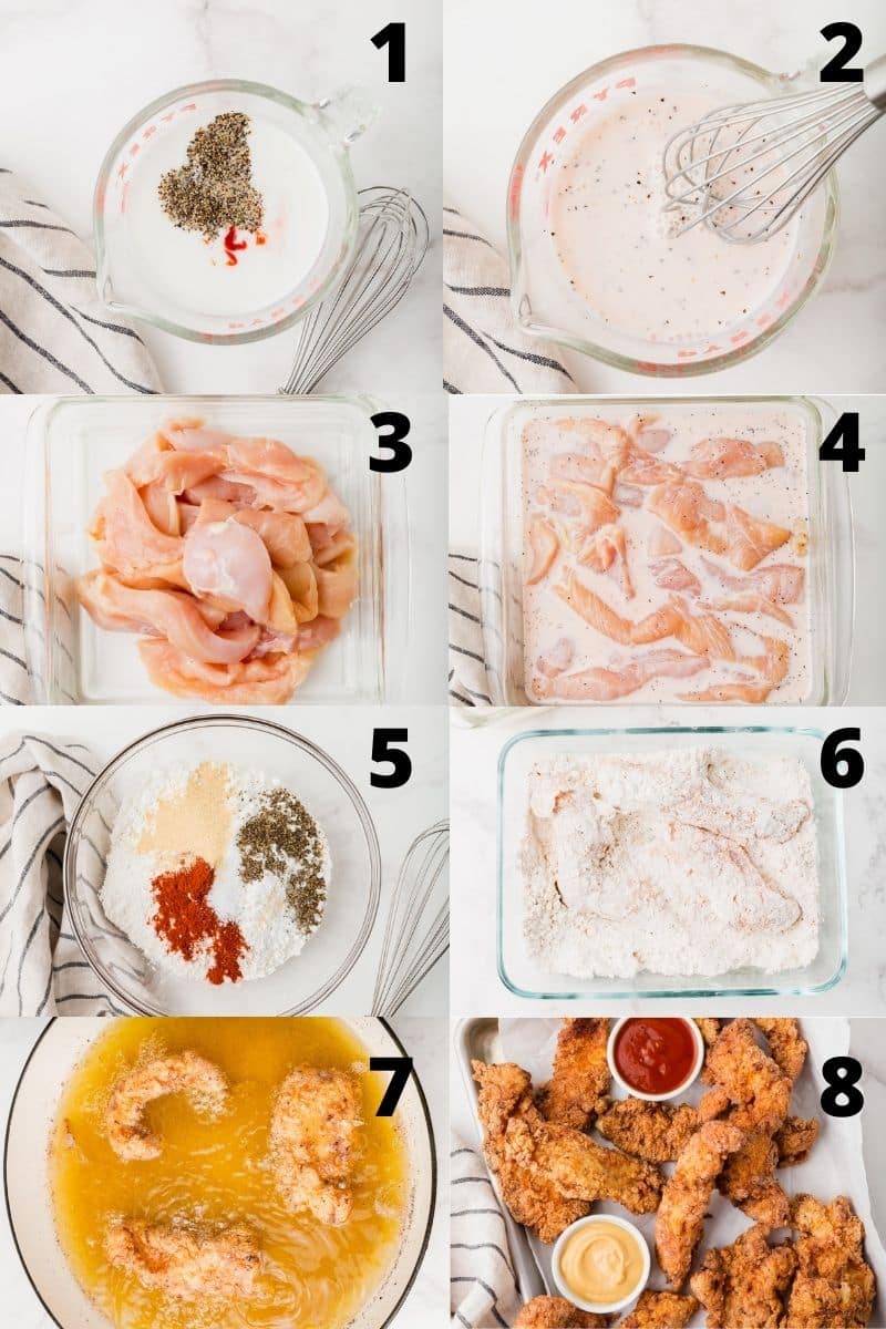 photo collage showing 8 steps needed to make gluten free chicken tenders