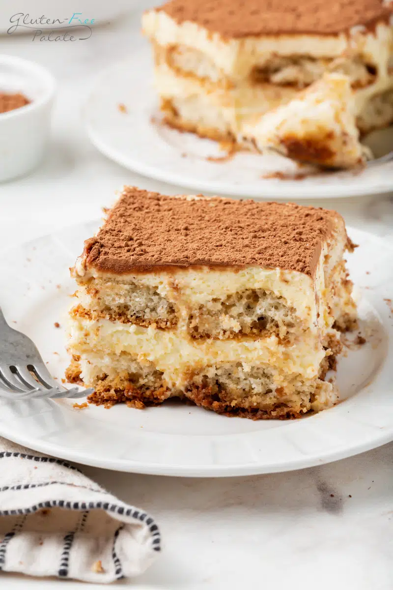 a white plate with a square piece of gluten-free tiramisu on it.