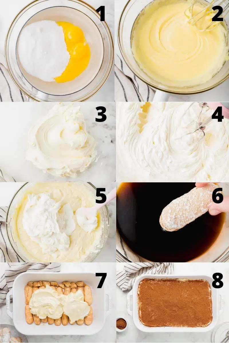 Photo collage showing 8 steps needed to make gluten-free tiramisu
