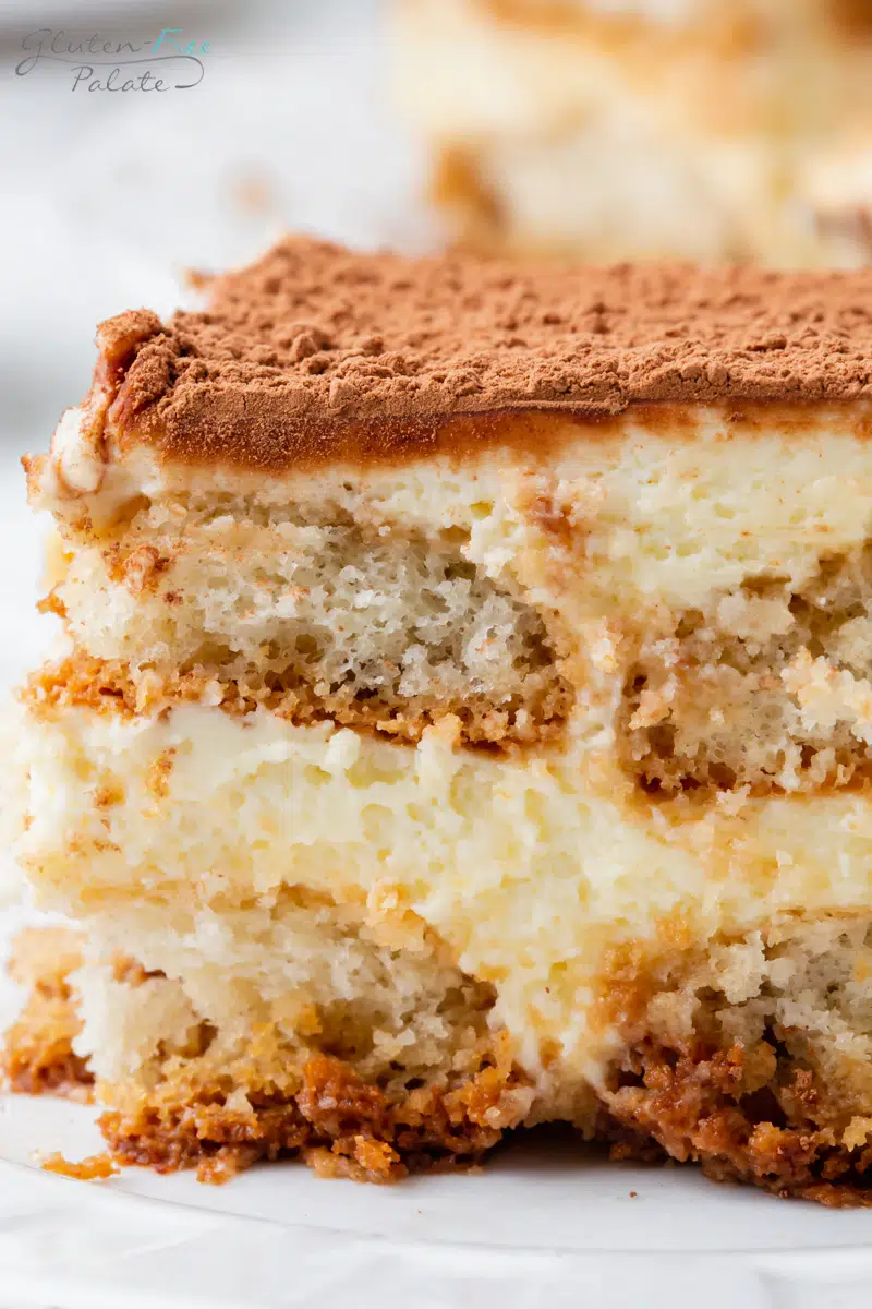 closeup image of a slice of gluten-free tiramisu with layers of lady fingers and creamy filling.