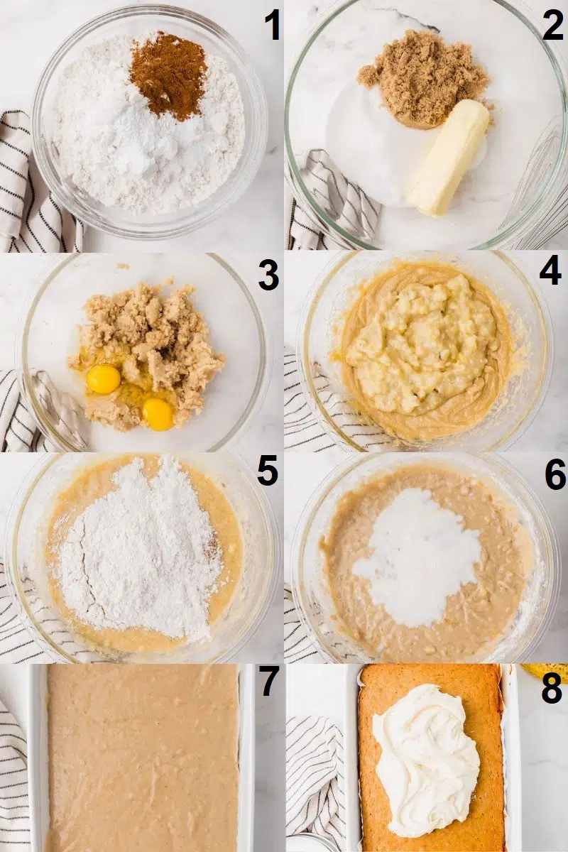 Photo Collage showing 8 steps needed to make gluten-free banana cake
