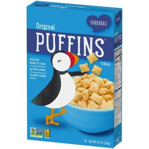Barbara's Puffins cereal box.