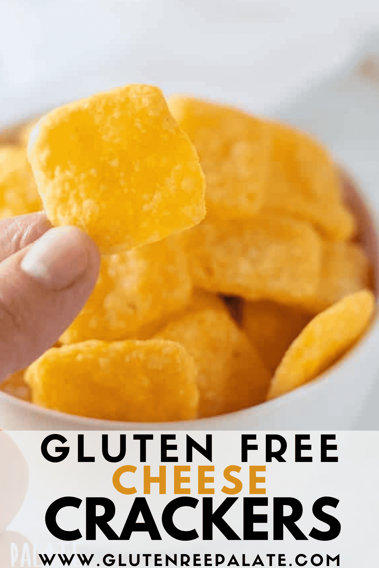 a bowl of gluten free cheese cracker with text overlay
