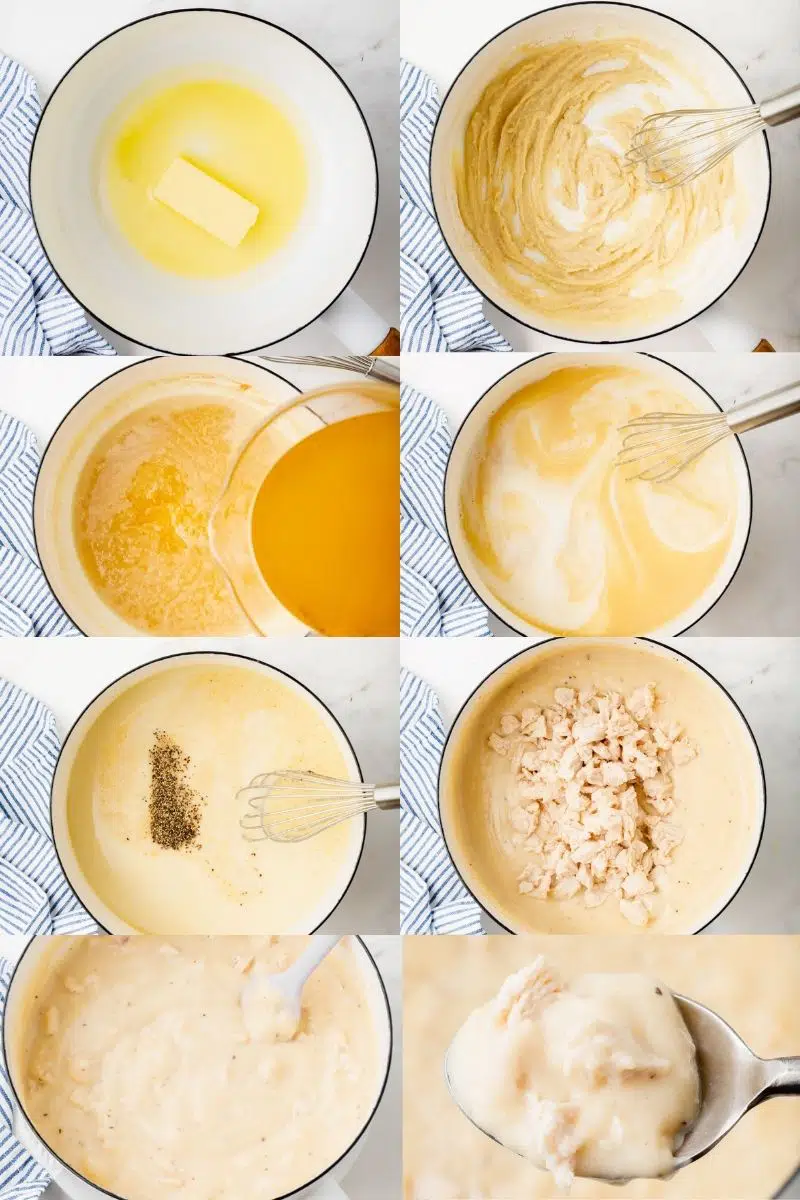 A photo collage showing the 8 steps needed to make gluten-free cream of chicken soup in a white enameled saucepan.