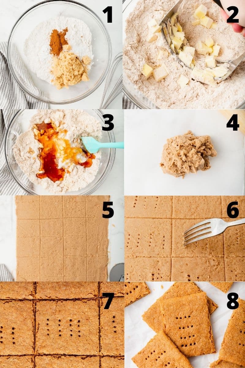 Photo collage showing 8 steps needed to make gluten free graham crackers from scratch.