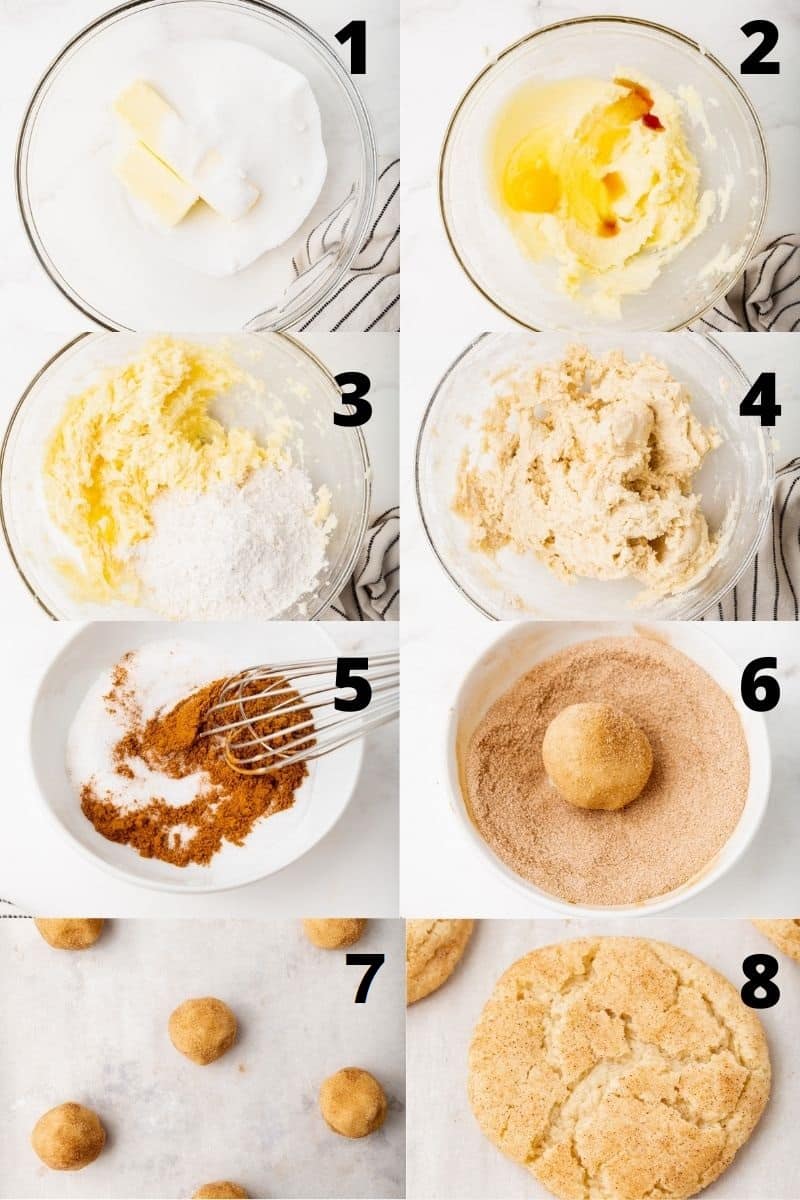 Photo collage showing all 8 steps needed to make gluten-free snickerdoodles.