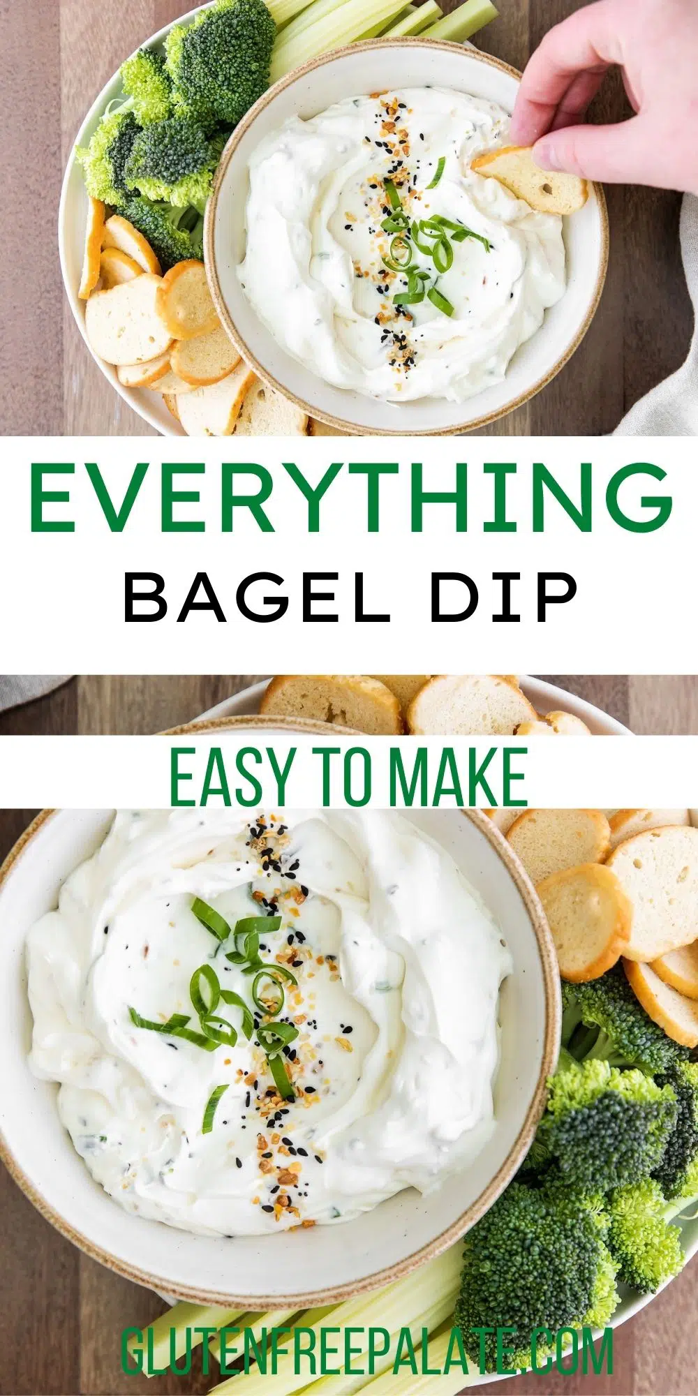 two images of creamy everything bagel dip, with text overlay in the center.