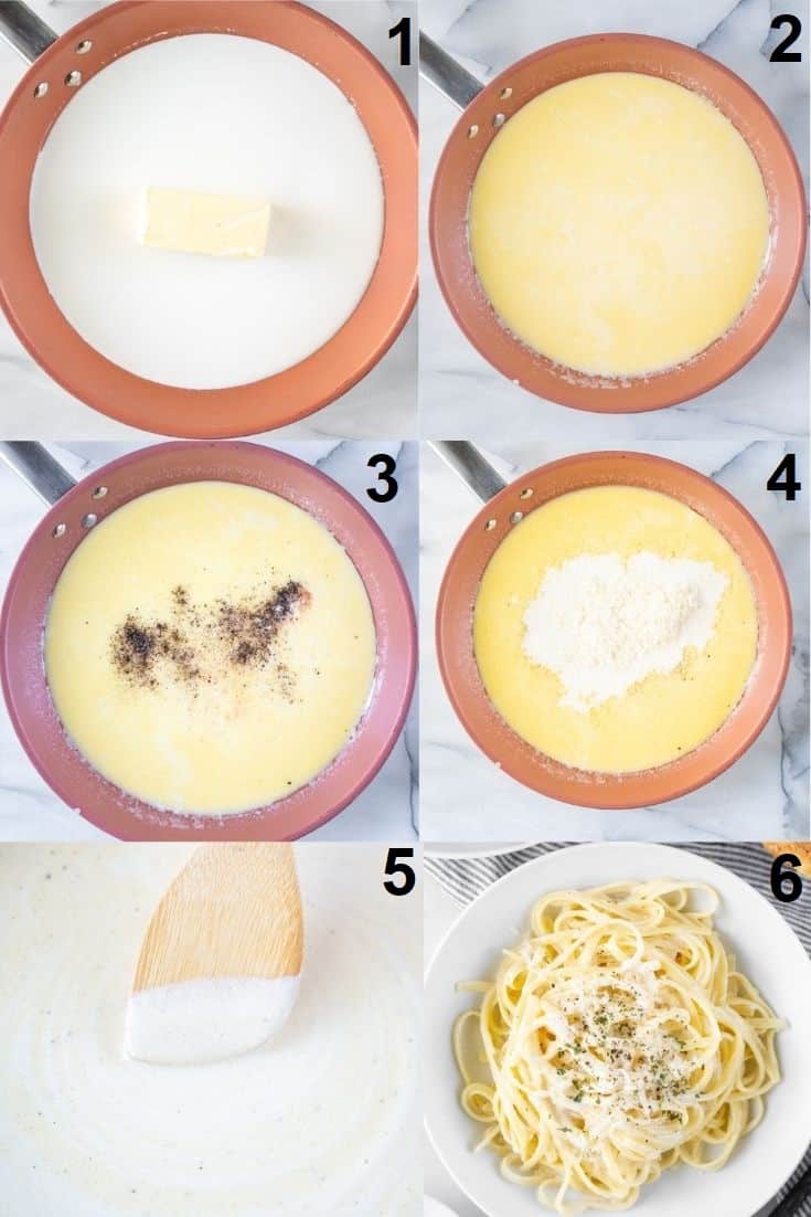 photo collage showing six steps needed to make gluten free alfredo sauce